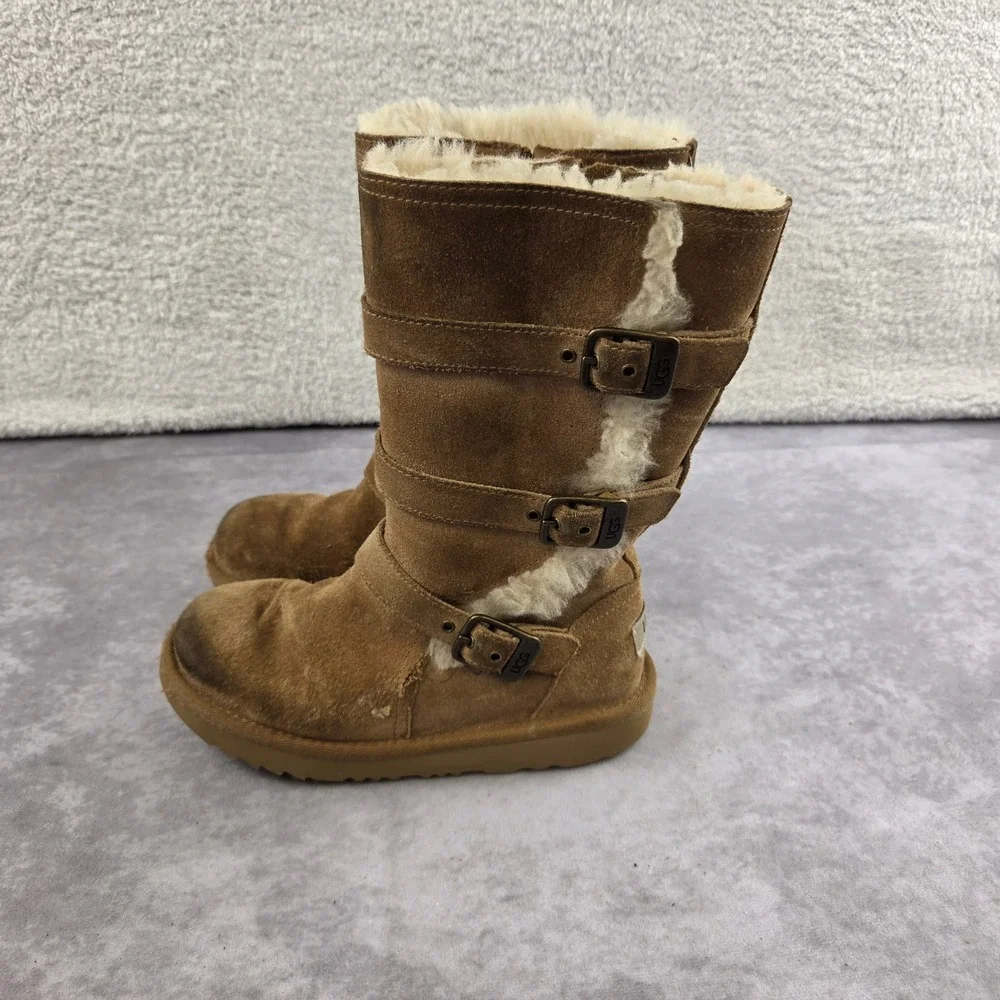 UGG Australia Kids Chestnut Brown Suede Buckle Strap Shearling Tall Boots S1497